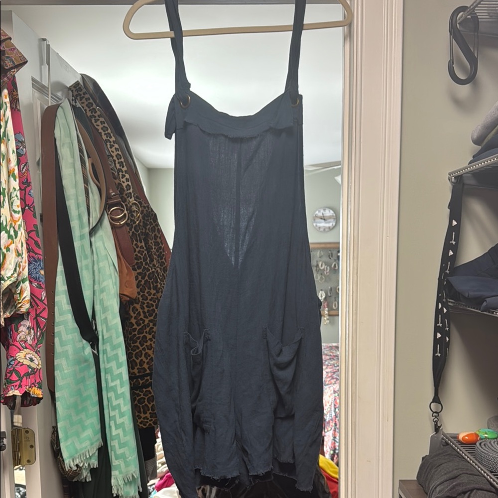 Dark Blue Carly Romper Linen Blend Sleeveless Romper with Pockets